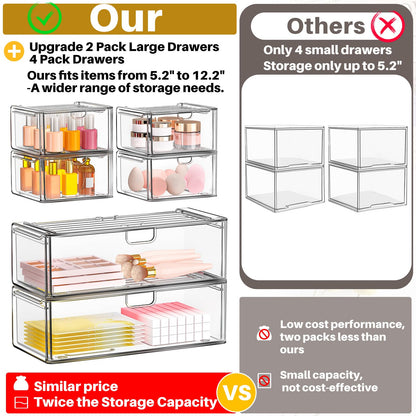 caktraie Acrylic Stackable Storage Drawers Set of 6, Clear Plastic Storage Drawer Organzier, Storage Organizer, Makeup Organizer,Ideal for Vanity, Bathroom,Cabinet,Pantry Organization