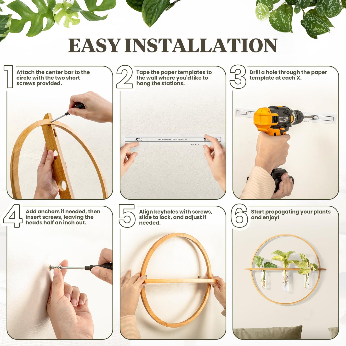 Bohemian Roots Plant Propagation Stations - Set of 3 Bamboo Wall Planters for Indoor Plants with 5 Glass Plant Propagation Tubes | Propagation Vases for Plants | Aesthetic Plant Wall Decor