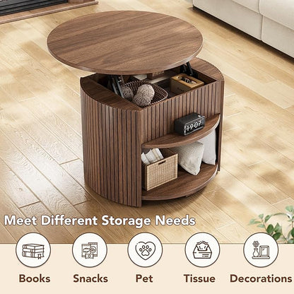 Decofy Round Lift Top Coffee Table with Storage, Fluted Mid-Century Modern Coffee Tables for Living Room, with Hidden Compartment & Open Shelves, for Small Spaces & Home Office(26.77" Walnut)