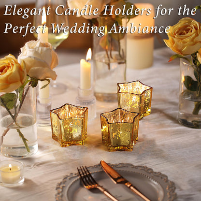 Letine 8pcs Gold Star Candle Holders Set - Elegant Tea Light & Votive Holders for Diwali, Weddings, Fall Decor - Mercury Glass Star Jars with Celestial Glow(2.44" Height)