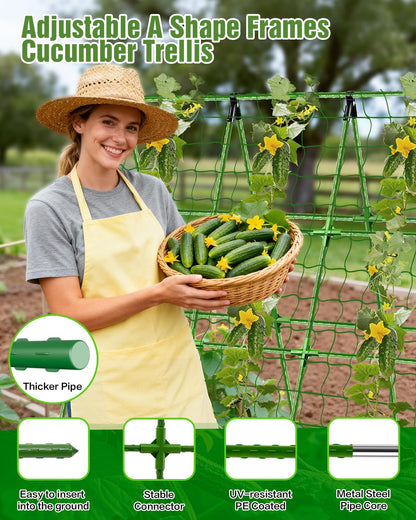 Joyhalo A-Frame Cucumber Trellis for Raised Beds, 47" Hx 57" L Adjustable Size, Garden Trellis for Climbing Plant Outdoors with Climbing Net and Plant Support Clip for Vegetable Vine Pea Bean Tomato