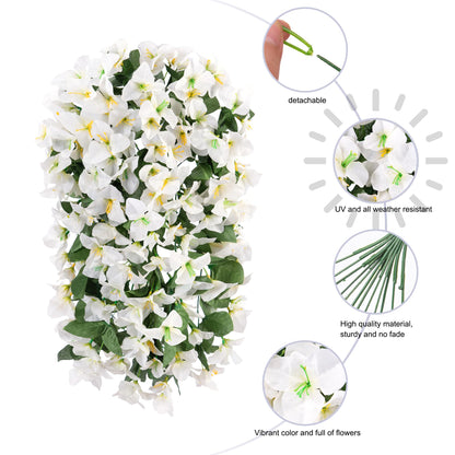 Faux Bougainvillea Artificial Flowers for Outdoors Fake Plants Outside Decoration, 2 PCS White Faux Flowers UV Resistant Look Real Silk Long Trailing Vines for Front Door Porch Planter Patio Garden