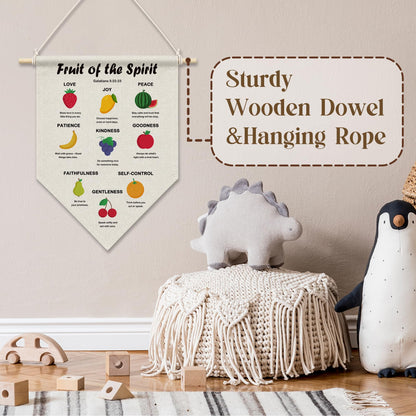 RUKUPA Christian Fruit of the Spirit Wall Art Decor, Bible Verse Nursery Hanging Pennant Flag, Religious Wall Art Poster Hanger for Kids Nursery Room Bedroom Playroom Home Kitchen Decor, 11x15 Inch