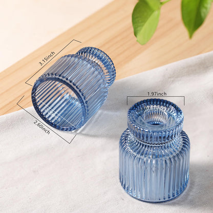 DARJEN 6 Pcs Blue Glass Candlestick Holders with Vertical Stripes - Irregular Shaped, Dual-Use for Taper Candles & Votive/Tea Lights, Candle Holders for Dining Table, Wedding, Party, Home, Gifts