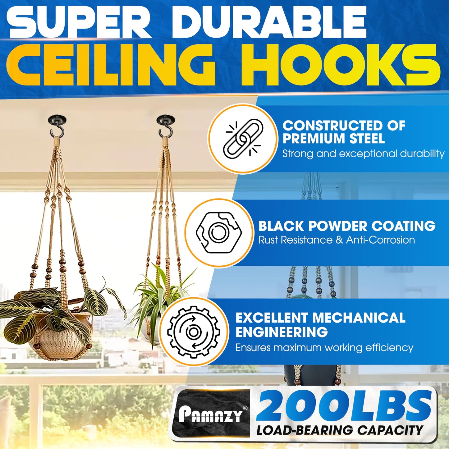 [UPGRADED] 200LBS 8Pcs Round Ceiling Hooks with Firmly Rotatable Button, Black Wall Mount Metal Hangers for Hanging Hanging Plants, Bird Feeder, Lantern, Lights, Wind Chime, Indoor Outdoor Decor