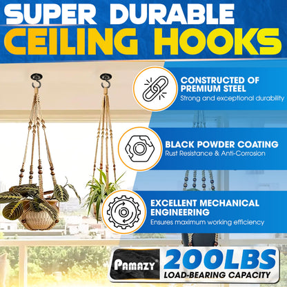 [UPGRADED] 200LBS 8Pcs Round Ceiling Hooks with Firmly Rotatable Button, Black Wall Mount Metal Hangers for Hanging Hanging Plants, Bird Feeder, Lantern, Lights, Wind Chime, Indoor Outdoor Decor