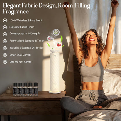 Waterless Scent Diffuser Starter Kit with 5 Oils, Hotel Cold Air Diffuser Oil Machine for Home, 1000 Sq Ft Coverage Boho Diffuser, Quiet Nebulizing Aromatherapy with Remote, Tower Fabric Design, Cream