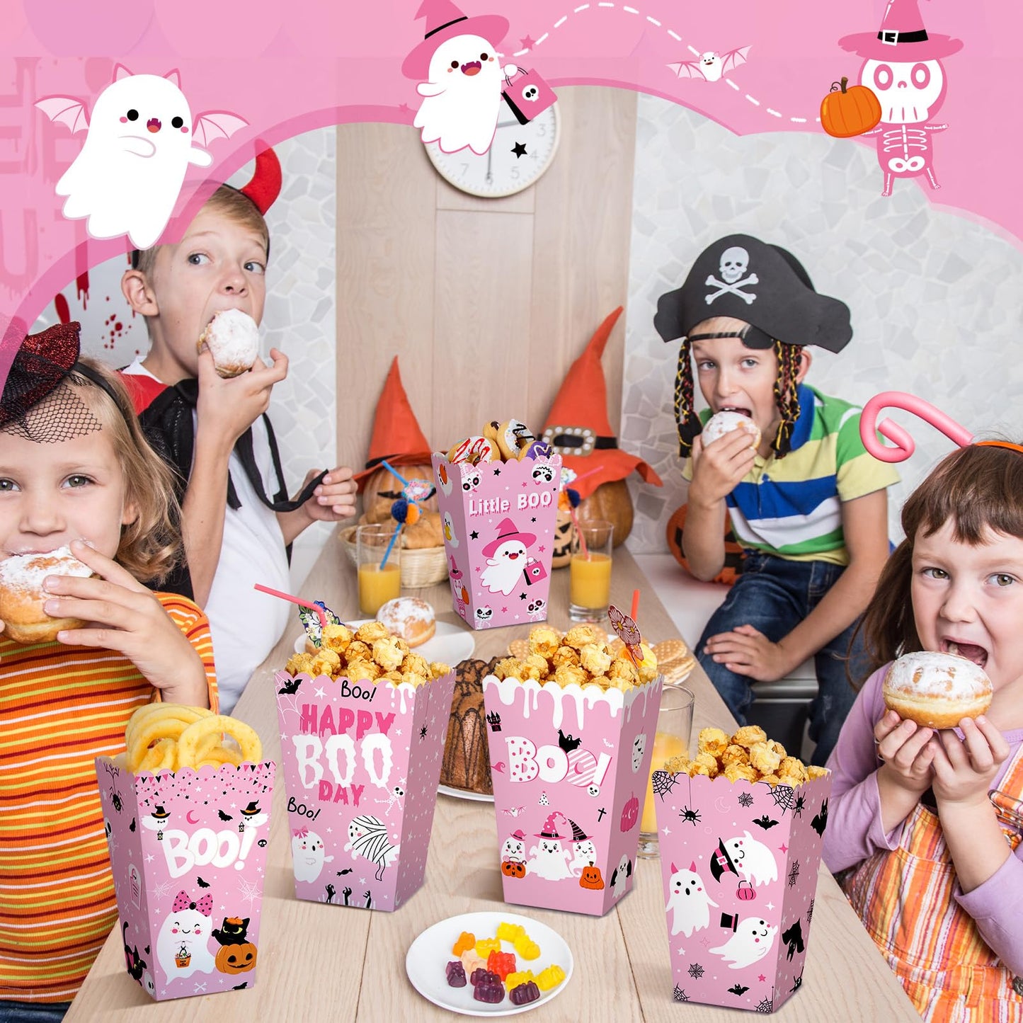 Gueevin 24 Pcs Halloween Popcorn Boxes Pink Ghost Treat Boxes Candy Cookie Holder Container for Halloween Party Favors Supplies Decorations