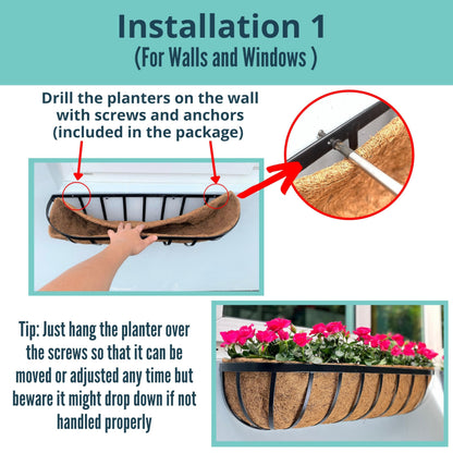 LaLaGreen Deck Railing Planter Boxes for Plants (24 Inch, 2 Pack) Black Metal Wall Planters for Outdoor Plants, Window Flower Box Deck Railings with Coco Liner, Fence Balcony Patio Porch Over Rail