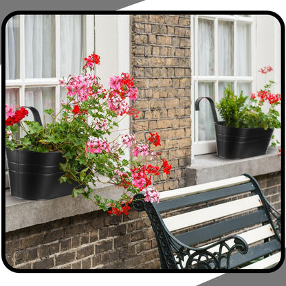 Hicarer Metal Hanging Flower Pots for Railing Fence, Large Hanging Rail Planters for Outdoor Window Balcony Plants Holder with Hooks for Garden Yard Home Decor(Black,4 Pcs)