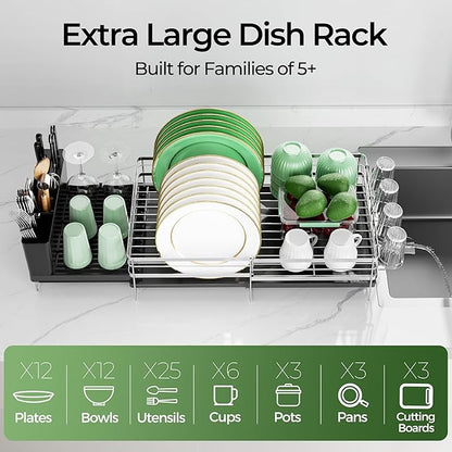 Large Dish Drying Rack, Expandable Dish Rack, Stainless Steel Anti-Rust Dish Racks for Kitchen Counter, Multifunctional Dish Drainer with Utensil Holder & Cup Holder, 13.4"-28.7" L x 11.8" W
