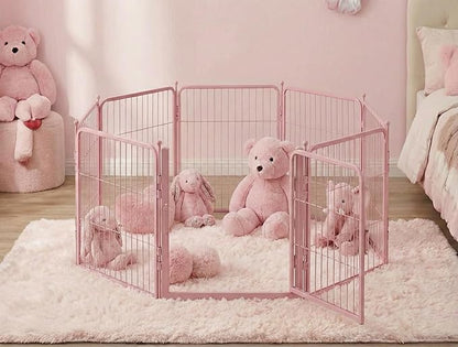 Pink Dog Playpen for Small Dogs & Puppies - 24 Inch Metal Pet Fence Indoor Outdoor with Door, Foldable Exercise Pen, Portable Rabbit Enclosure for Camping, RV, Yard (8 Panels)