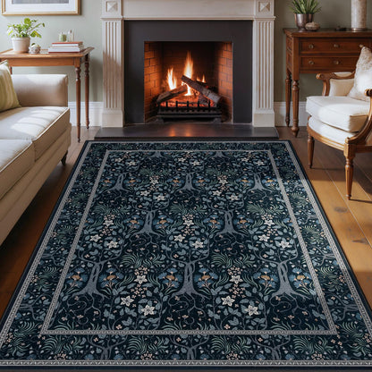Joydeco Machine Washable Area Rugs 5x7, Boho Floral Rug for Bedroom Non Slip, Soft Forest Botanical Low-Pile Floor Indoor Throw Carpet for Living Dining Room Dorm Office, Black