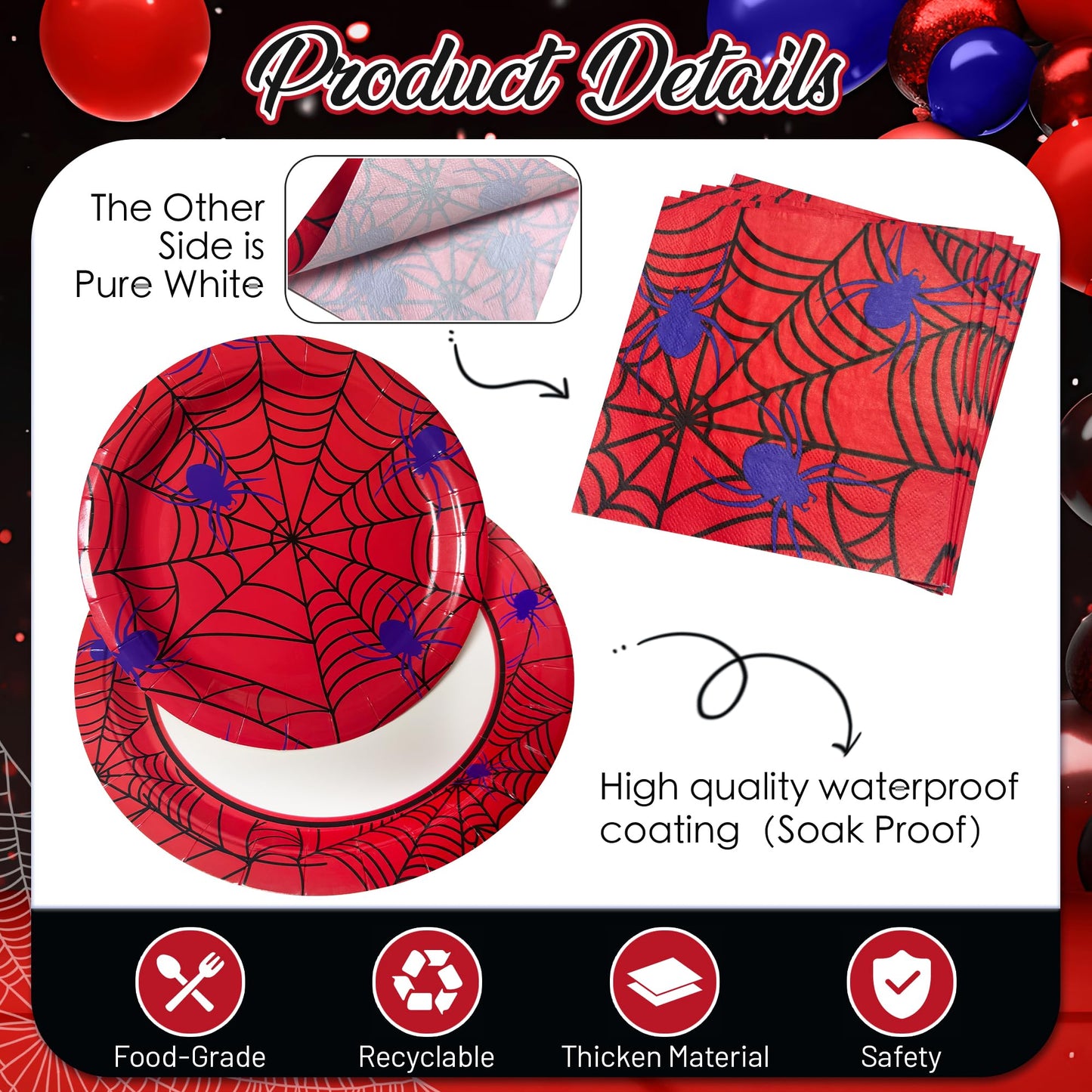 Watch Me Fly 75pcs Spider Party Supplies - Disposable Spider Web Paper Plates & Napkins (25pcs 9" & 7" Plates, 25pcs Napkins) for Birthdays, Halloween, Birthday, and Parties Decoration