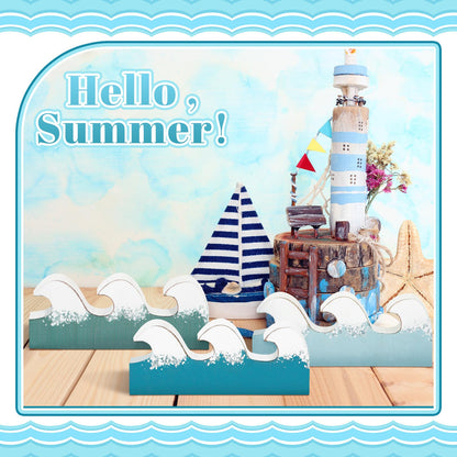 Qunclay 3 Pcs Coastal Table Decor Wooden Waves Ocean Decor Summer Beach Tiered Tray Blue Wave Sign Centerpieces for Table Home Office Bedroom Nursery