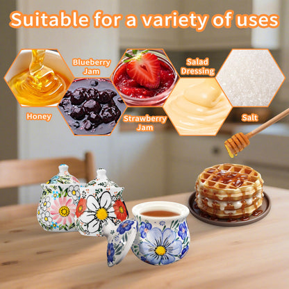 JUSONEY Ceramic Honey Pot with Dipper and Lid,10oz Handpainted Honey Dispenser with Flowers,No drip, Honey Jar Easy Clean(B)