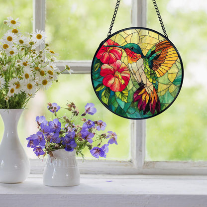 XFCICRLJ Hummingbird Suncatcher Stained Glass Window Hanging, Hummingbird Flower Sun Catchers Indoor Window Glass Wall Art Decor, Bird Wall Hanging Decor Decorations, 7.9x7.9 Inch 038-MH-BLGH