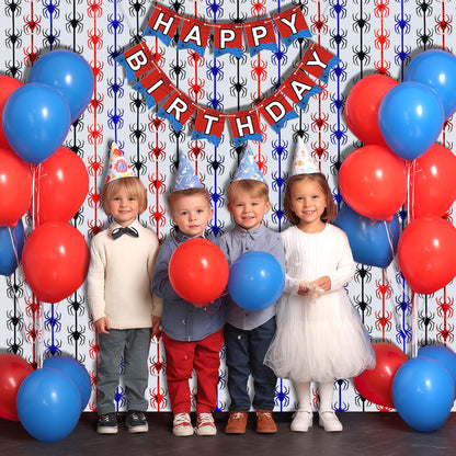 OQOQ Spider Birthday Decorations, 1 Set Banner & 2 Pcs Red Black Blue Spider Tinsel Foil Fringe Curtains Backdrops (3.3x6.6 ft), Large Birthday Photo Booth Props Indoor Party Boy Room Decor