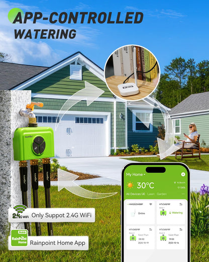 RAINPOINT 3 Zone WiFi Water Timer with Smart Gateway, Brass Inlet/Outlet WiFi Sprinkler Timer, Voice Control, Smart Watering System by Time/Weather/Quantity/Soil Moisture, Rain Delay & Manual Watering