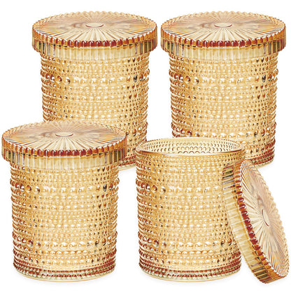 Flrolove 4-Pack Glass Qtip Holder Dispenser, 10oz Bathroom Organizers and Storage, Hobnail Cotton Round Holder for Qtips, Cotton Rounds, Balls & Floss Picks, Vanity & Makeup Apothecary Jars (Amber)