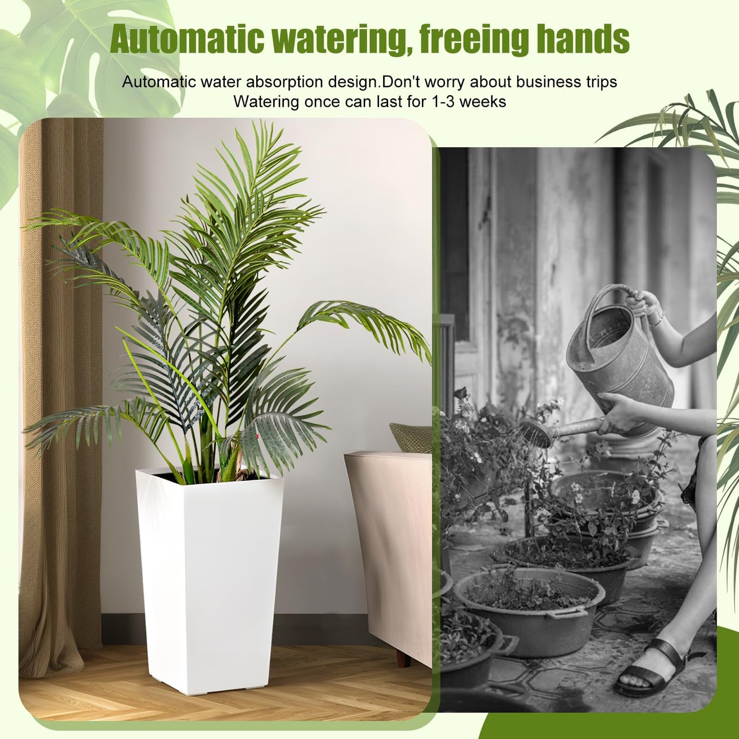 hatleues Resin Tall Planters Set of 2 Tall Flower Pot for Outdoor Indoor Plants, Flower Pots with Water Level Window & Drainage Tray, Dual-Buckle Design for Porch, Balcony, Deck,Modern Decor Black 2