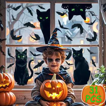 Halloween Decorations Window Clings,4 Sheet Large Black Cats Halloween Window Stickers,Bats Silhouette Window Decals for Indoor School Home Office Party Decor