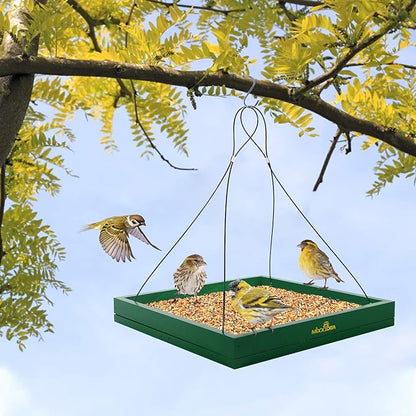 MIXXIDEA Bird Feeder Hanging Tray, Bird Feeders for Outdoors, Wooden Seed Tray Platform Mesh Seed Platform for Garden Yard Outside Decoration Attracting for Wild Birds (Green-1pk)
