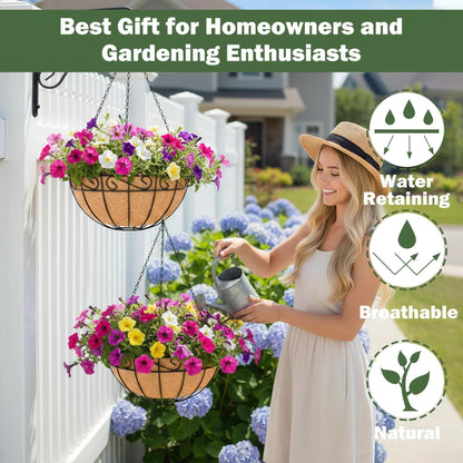 KIDYBELL 4 Pack 10 Inch Hanging Baskets for Plants Outdoor Metal Hanging Planter Basket with Coco Coir Liner Hanging Flower Baskets Hangings Flower Pots Holder for Garden, Patio(Flower)