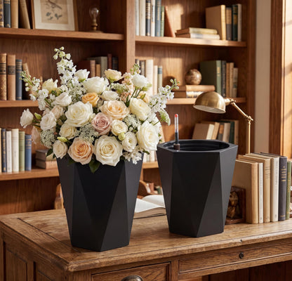 16" Black Tall Planters Outdoor Set of 2, Large Black Flower Pots Outdoor with Drainage Holes & Automatic Watering System, Modern Large Resin Planters for Outdoor Plants, Front Porch, Deck, Diamond