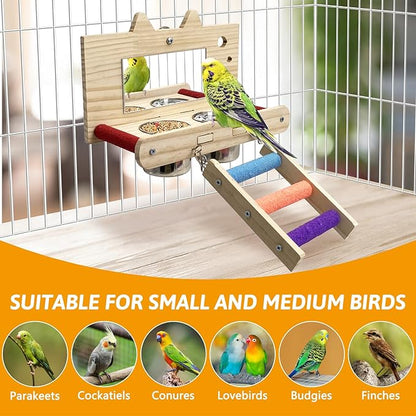Tfwadmx Bird Food Stainless Steel Cups Wooden Perch Stand with Ladder Hanging Feeder Bowls Feeding and Watering Supplies for Parakeets Conures Cockatiels Budgie Parrot