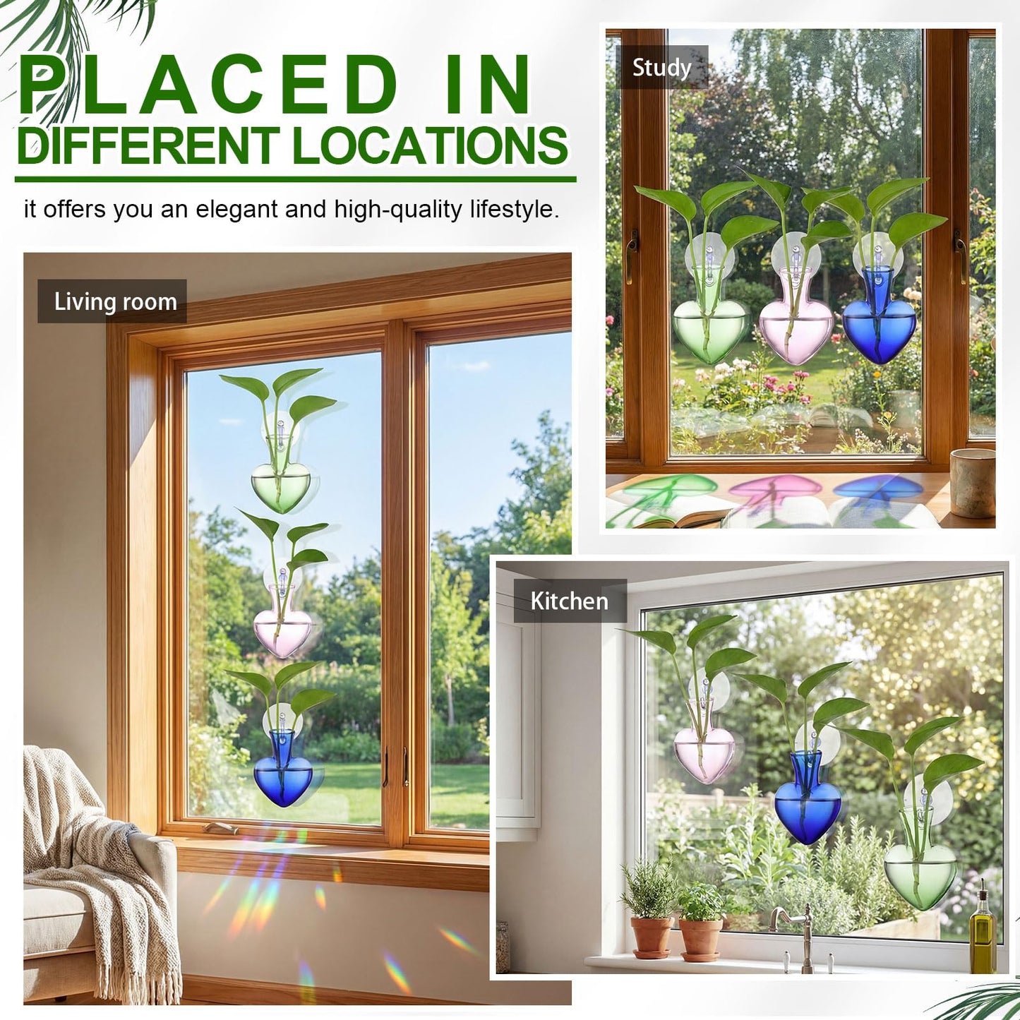 Zhehao 3 Pcs Propagation Vases Hanging Window Propagation Stations Glass Heart Shaped Plant Vase with Suction Cups Air Planter Terrarium for Hydroponics Home Decor Plant Lovers Gifts