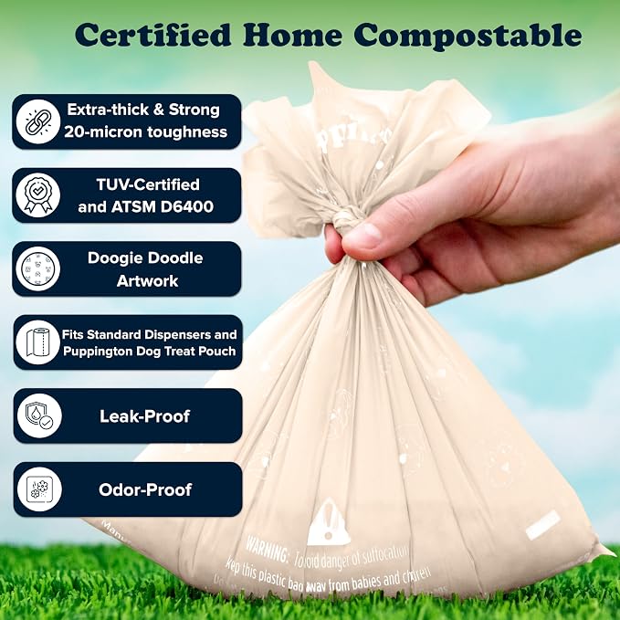 Puppington Certified Home Compostable Poop Bags - ASTM D6400 Compliant - 180 Extra Thick Bags - Plant Based - Pairs with Puppington 3-in-1 Bag & Fits all Standard Poop Bag Dispensers (Vanilla Cream)