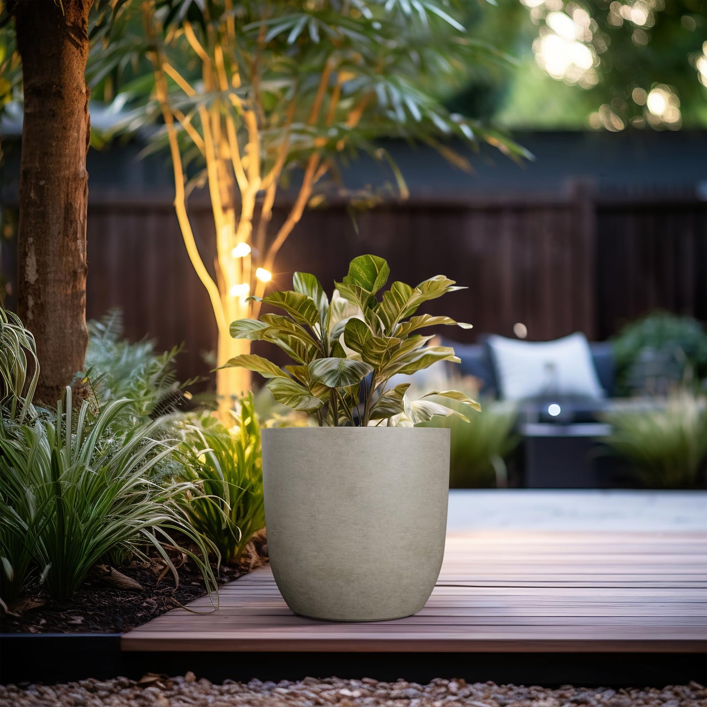 Kante 13.4" Dia Round Concrete Planter, Large Outdoor Modern Indoor Decorative Plant Pots with Drainage Hole and Rubber Plug for Home and Garden, Weathered Concrete