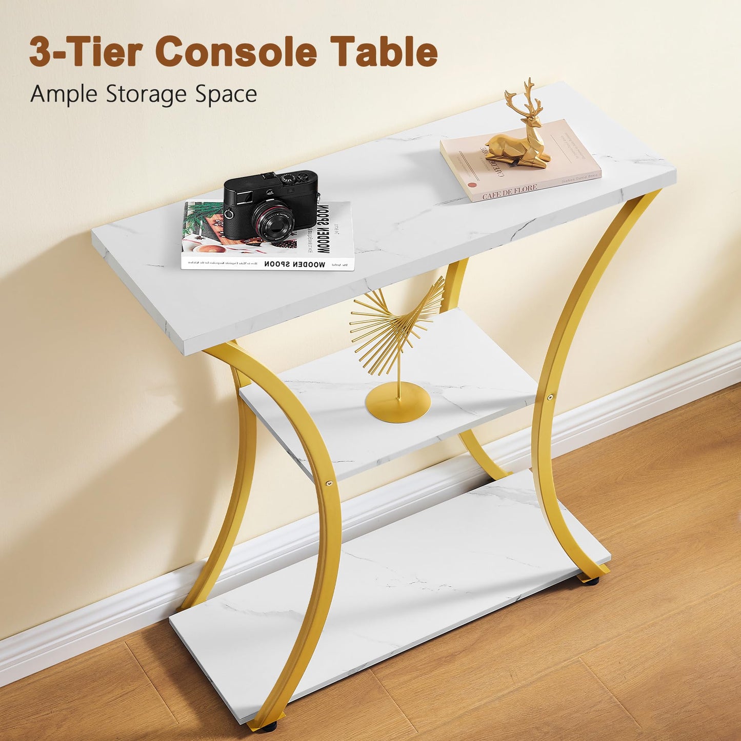 Hoctieon 3 Tier Console Table with Open Wood Shelves, Decorative Entryway Table with Curved Metal Frames, Narrow Sofa Table for Entrance, Living Room, Hallway, Gold and White Marbled