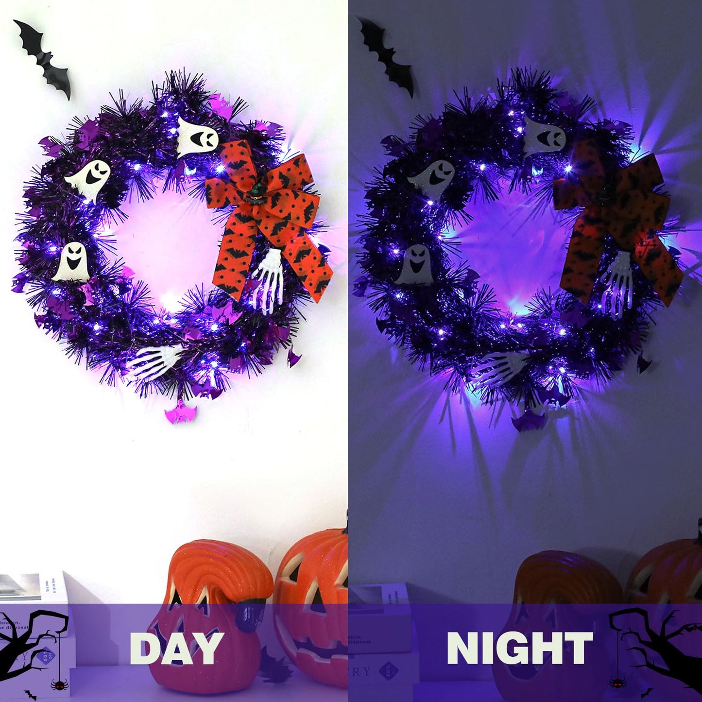 Halloween Wreath for Front Door with Lights,13 Inch Ghost Wreath Halloween Decorations for Indoor Window Party Holiday Wall Home Decor (Ghost)
