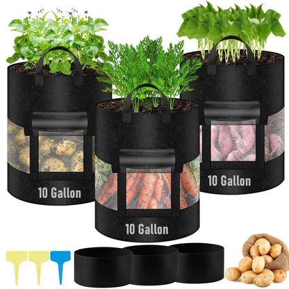 3 Pack 10 Gallon 360°Visible Potato Grow Bags,Heavy Duty Thickened Nonwoven Fabric Planter Bags with 2 Clear Harvest Windows&Removable Shading Cover,Reinforced Handles,Vegetable Grow Bags with Labels