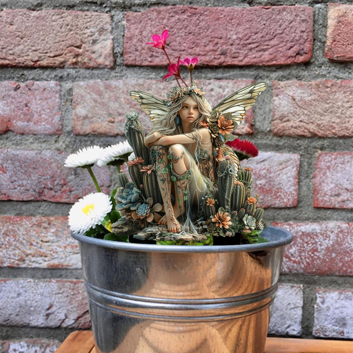 ANNUOZE Fairy Garden Stake Decor, 2D Flat Acrylic Fairy Garden Decor Panel, Elf Yard Sign for Outdoor Indoor Yard Lawn Plants Pots, Fairy Garden Accessories (Cactus Fairy)