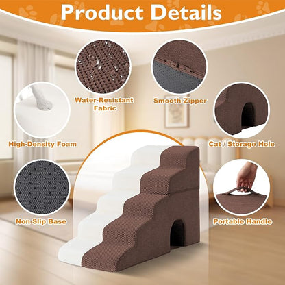 Dog Stairs for Bed 23’’ H, 5-Step Dog Steps for High Bed, Foldable Pet Stairs for Small Dogs and Cats to Get on Beds, Couch, Non-Slip Balanced Pet Steps and Ramp with Waterproof Cover, Brown