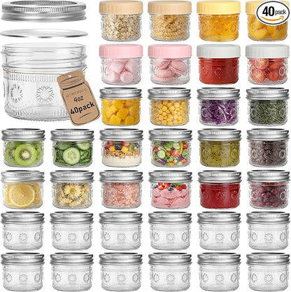 CycleMore 4 oz Glass Mason Jars, 40-Pack Bulk Small Canning Jars with Regular Mouth & Two Sets of Lids (40 Metal + 40 Plastic) – for Jam, Honey, Spices, Overnight Oats, Wedding Favors