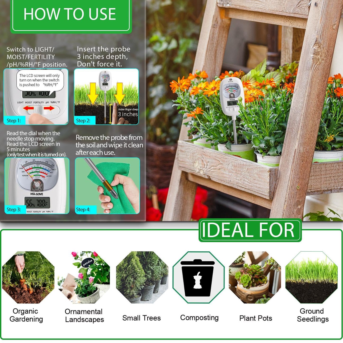 HSLGOVE Soil Test Kit, 7-in-One Soil Moisture Meter/Soil PH Meter/Fertility, Dual Screen Soil Tester w/Digital Soil Temp/Air Temp&Humidity for Plants Gardening,Lawn,Farm Indoor&Outdoor-Mint Green