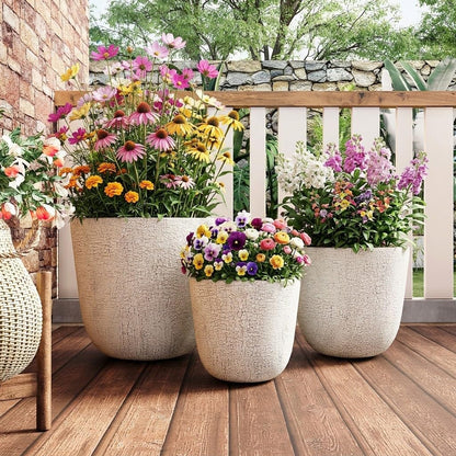 Merax Indoor Outdoor Plant Pots with Drainage Holes and Rubber Plug– Set of 3,Large Lightweight MGO Flower Pots (16.9/13.7/11 Inch) – Modern Planters for Indoor Plants, Room & Office Décor,Beige