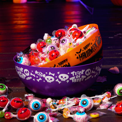 JOYIN 3 PCS Halloween Candy Bowls, 9.6" * 4.4" Trick or Treat Bowls, Plastic Orange Halloween Serving Dish, Purple Witch Cup, Black Pumpkin Candy Holder for Kids Party Favor Supplies, Table Decor
