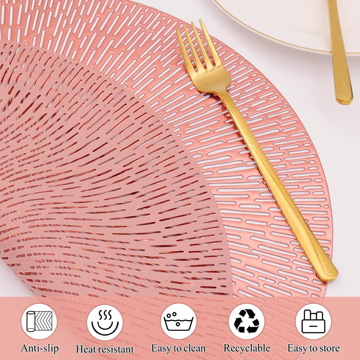 Round Placemats Rose Gold Placemats Set of 6 Metallic Vinyl Place Mats Non Slip Tablemats Table Setting Kitchen Table Mats for Dining Table Holiday Wedding Decorative