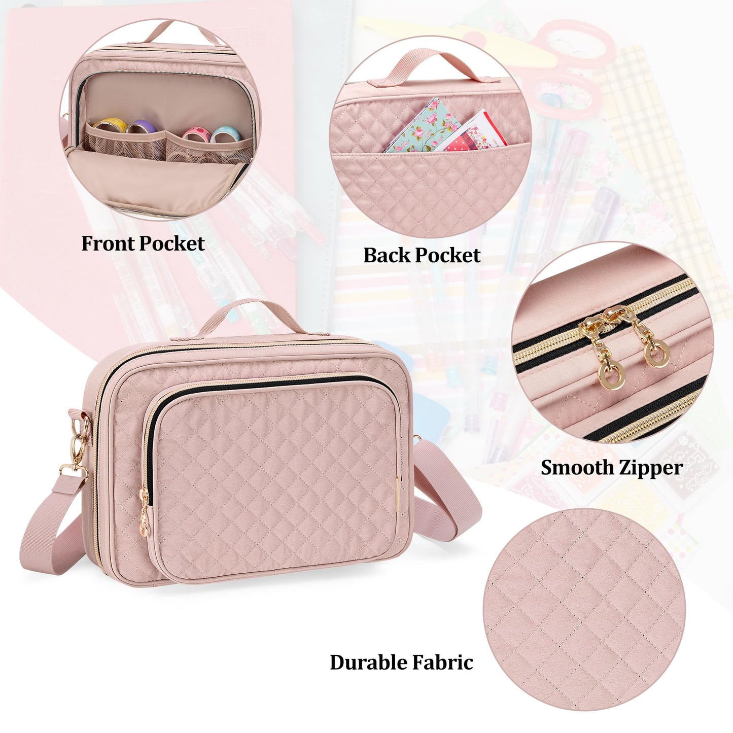 Teamoy Journal Supplies Storage Case, Journal Supplies Holder with Detachable Pen Slots, Travel Organizer Holder for B5 Notebooks, Planner, Pens, Journal Supplies and Accessories, Pink Quilted