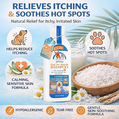 Anti-Itch Relief Dog & Cat Shampoo + Conditioner with Dead Sea Minerals, Hypoallergenic for Sensitive & Allergic Skin, Natural Deodorizing Coat Wash, 15 fl oz