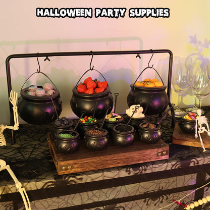 CESOF Cauldron Halloween Party Decor, Set of 12 Hanging Black Plastic Cauldron Bowls with Iron Rack, Large and Mini Candy Bucket Serving Punch Bowl for Table Witch Hocus Pocus Indoor Home Decorations