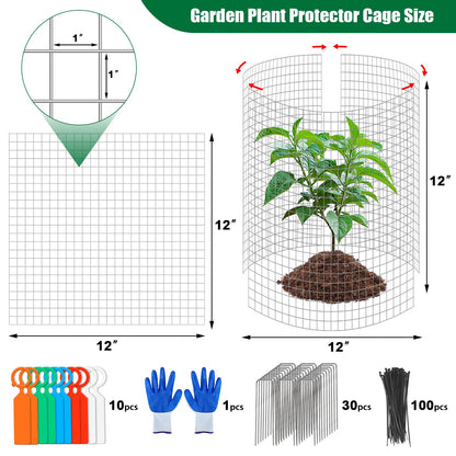 30Pcs Garden Plant Protector Cage 12''x12'', 10 Set Metal Wire Protectors for Plants, Protection Cages with Stakes Nylon Ties, Animals Barrier to Keep Chicken Rabbit Away from Plants Flower Vegetables