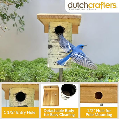 DutchCrafters Cedar Wood Pole Mount Gilbertson Bluebird House with Removable Base, Weatherproof Wooden Birdhouse Blue Bird Nesting Box for Outdoors