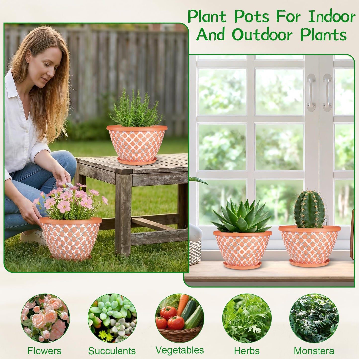 Nooulap 6 Pack 8 Inch Plant Pot, Flower Pots for Indoor Outdoor, Durable Decorative Planters for House Garden Plants Herbs Flowers Succulents, Orange and White Checkered Design