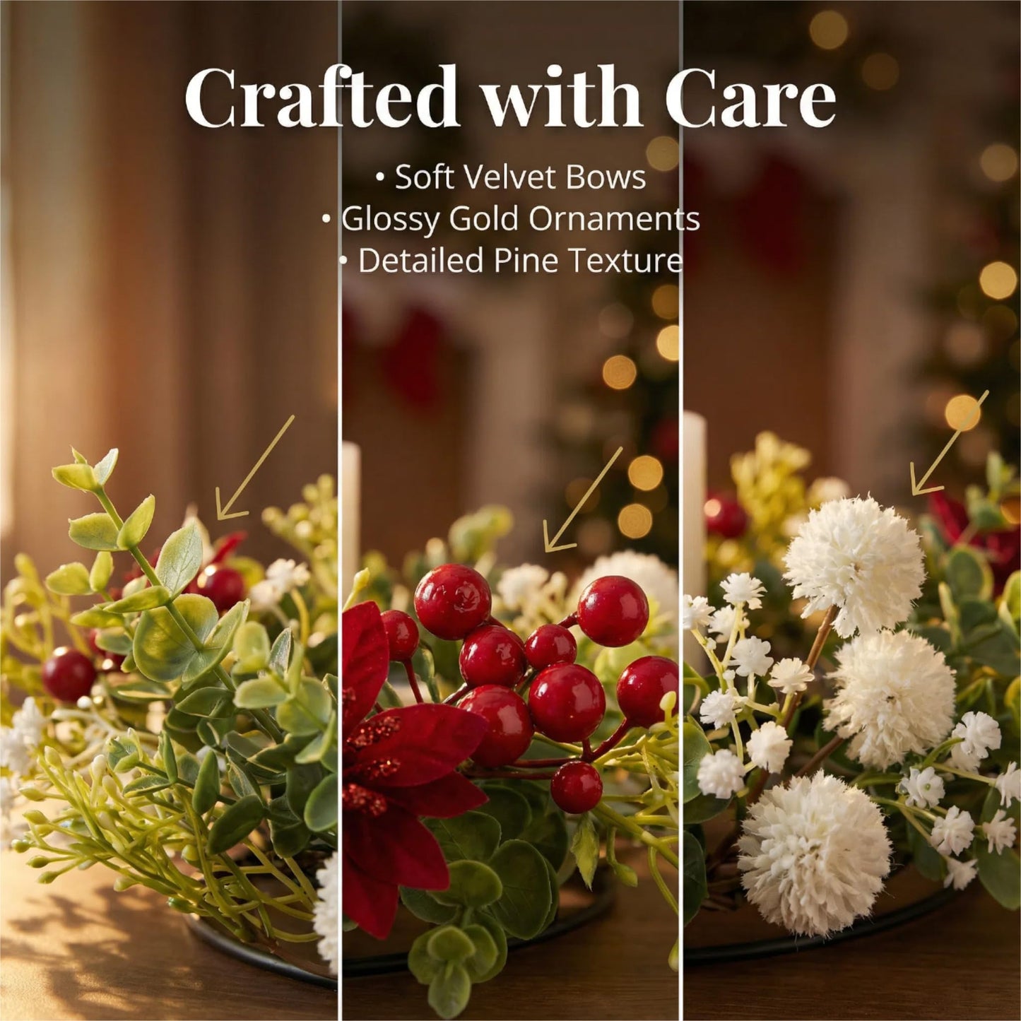 MOYEE Winter Christmas Candle Holder Centerpieces for Tables,Candle Ring, Black Metal Candlestick with an Artificial Wreath 14 in Versatile Dining Table Centrepiece (White Ball Wreath)